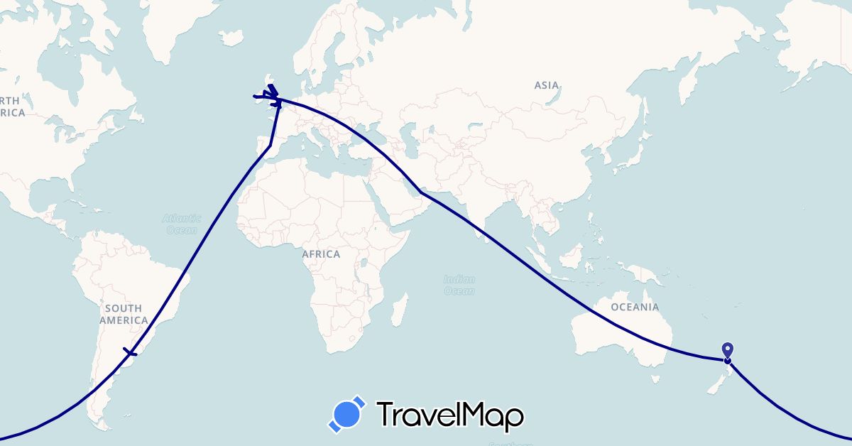 TravelMap itinerary: driving in United Arab Emirates, Argentina, Spain, United Kingdom, Ireland, New Zealand, Uruguay (Asia, Europe, Oceania, South America)